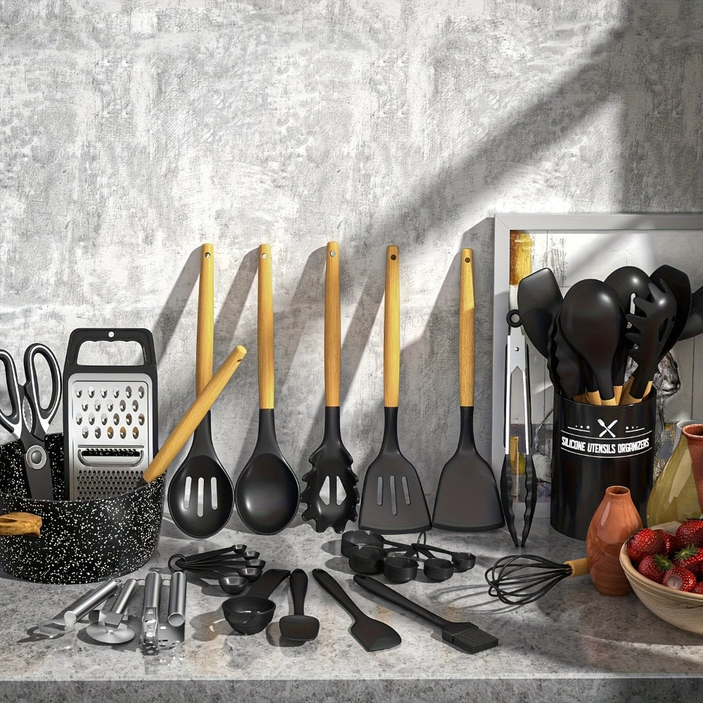 Silicone Kitchen Utensils Set 45pcs, Cooking Utensils for Nonstick Cookware, Stainless Steel Handle Spatulas