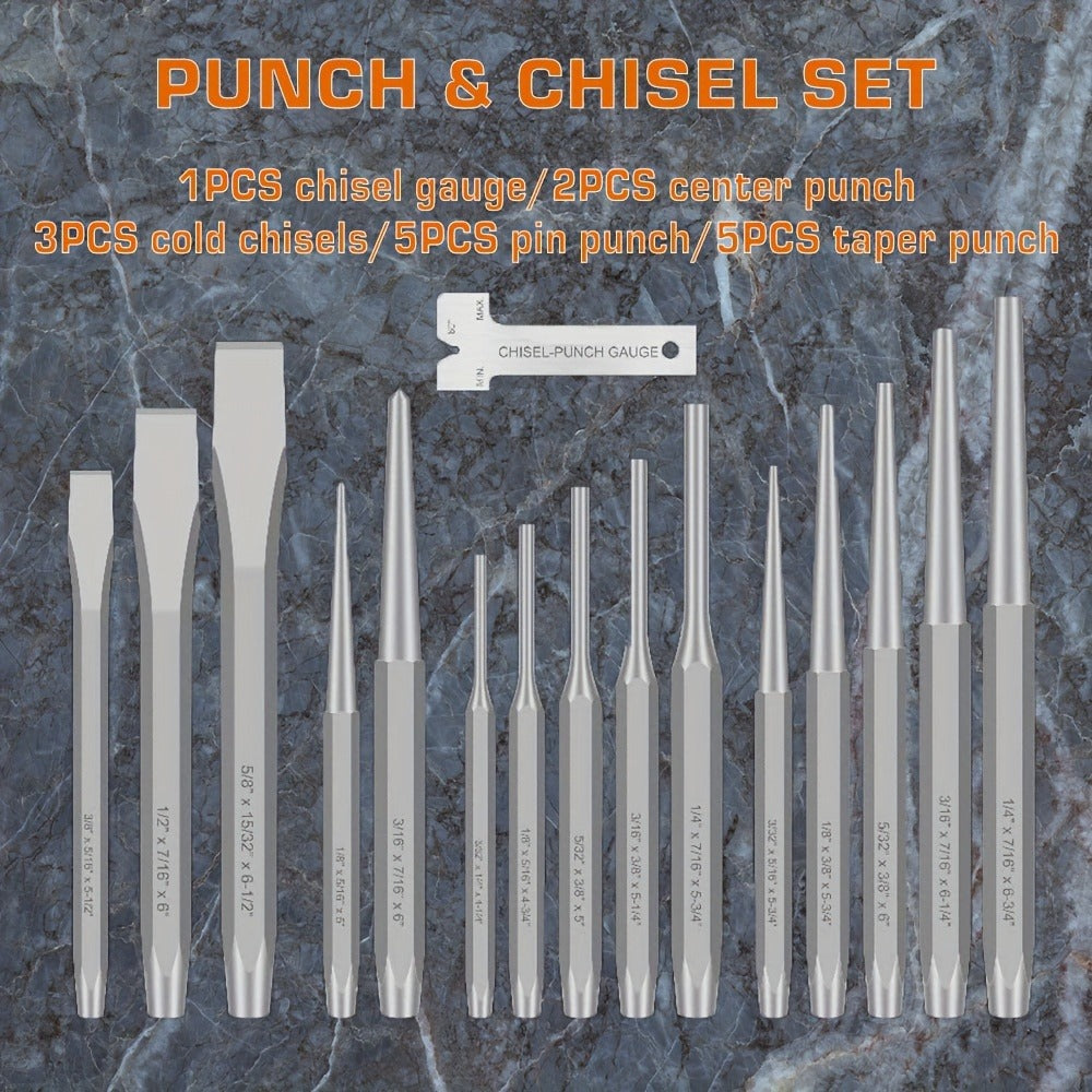 Punch and Chisel Set 16pcs Cr-V Steel with Taper Punch Cold Chisels Pin & Center Punches for Entryways, Bedrooms and Living Spaces