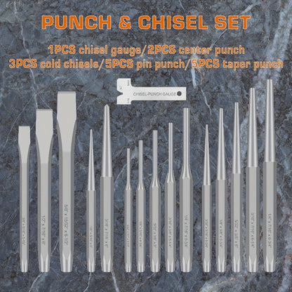 Punch and Chisel Set 16pcs Cr-V Steel with Taper Punch Cold Chisels Pin & Center Punches for Entryways, Bedrooms and Living Spaces