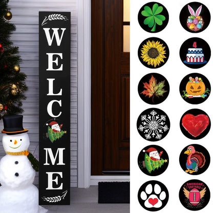 Porch Sign with 12 Interchangeable Seasonal Icons 47 Inch Tall – Welcome Sign for Front Door, Wind Resistant Leaner Board for Patio Yard