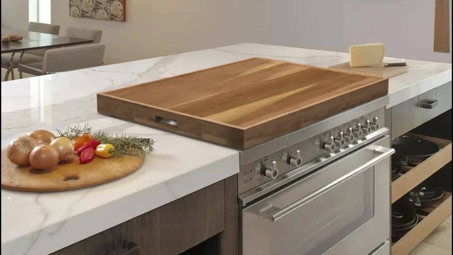 Acacia Wood Stove Top Cover Board 30x22 Inch, Gas Stove Cover with Handle Groove & Ventilation Holes