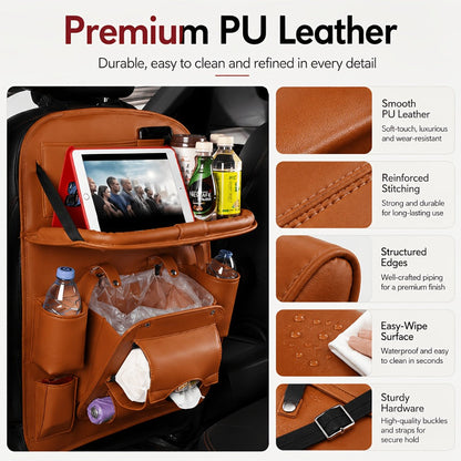 One-Piece Seatback Car Organizer with Fold-Down Tray, Cup Recesses, Mesh Pockets and Four Colors