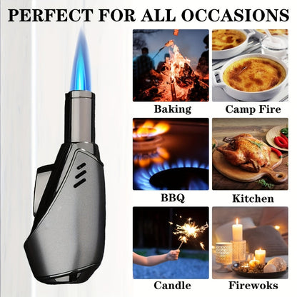 JOBON Angled-Body Torch Lighter with Cigar Punch, Side Ignition Switch and Silver Gift Box