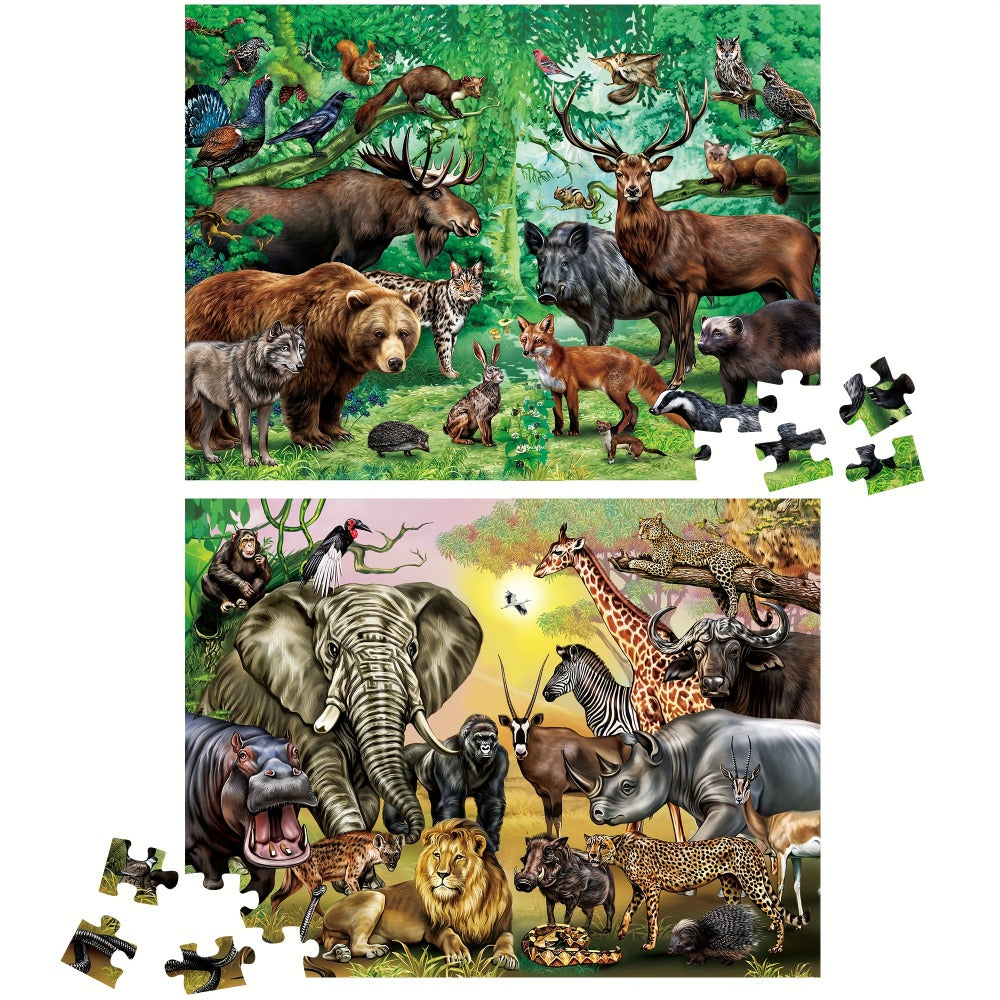 Double Sided Puzzle for Kids 100 Pieces Jungle Animals, 2-in-1 Jigsaw Educational Toy for Boys & Girls Ages 3 4 5 6 7 8