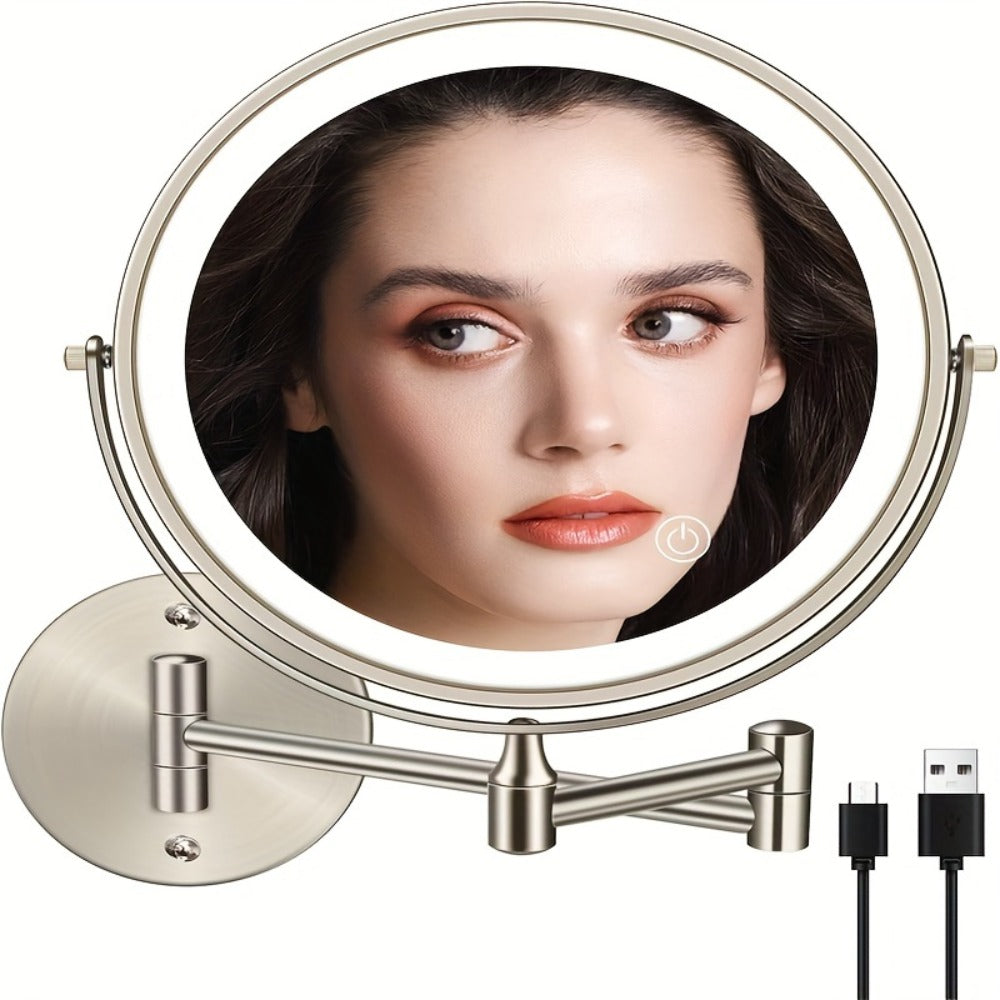 Makeup Mirror with Lights, Wall-Mounted 8-Inch Dual-Sided 1X and 10X with Three Light Colors, Touch Dimming and USB Charging