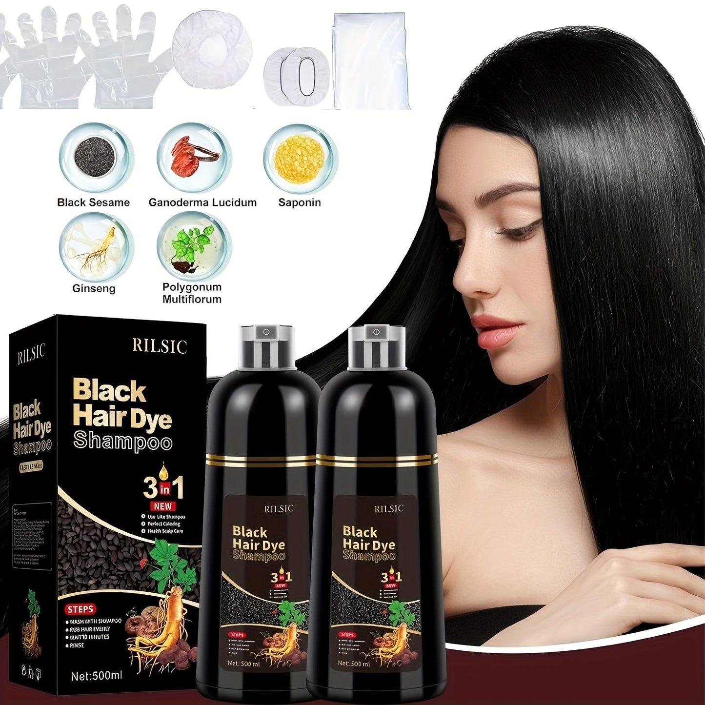 Hair Color Shampoo, RILSIC 3-in-1 Two-Pack of 500ml Pump Bottles with Black or Dark Brown Selection