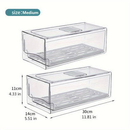Stackable Fridge Organizer Bins with Drawer, Refrigerator Storage Containers with Drain Board & Ventilation
