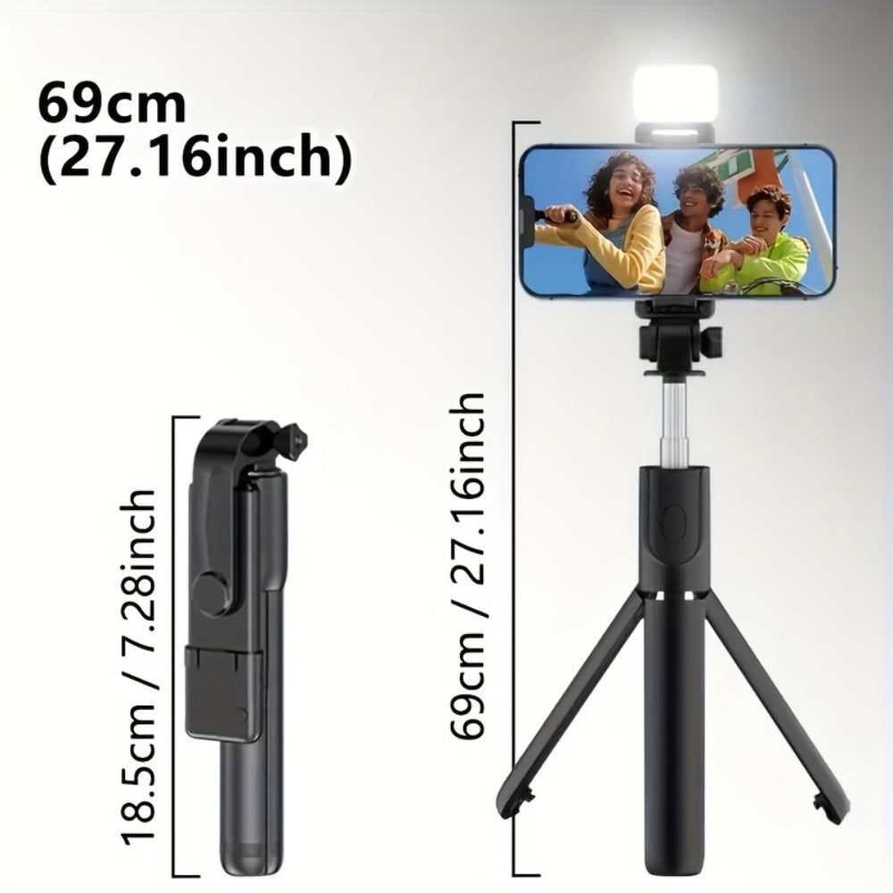 27.16-Inch Compact Selfie Stick Tripod with Integrated Light, Rotating Clamp, Remote and Two Colors
