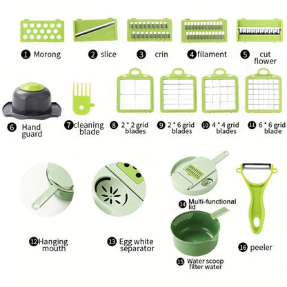 16-in-1 Green Vegetable Chopper with Round Container, Grid Dicing Plates, Slicer, Grater and Peeler Pieces
