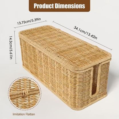 Rattan Cable Management Box with Lid Woven Cord Organizer – Stylish Power Strip Cover Wire Hider for Home Office Living Room Desk Bedroom