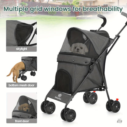Pet Stroller for Small Dogs & Cats | Foldable Travel Dog Stroller, Portable Puppy Cat Pram with 4 Wheels, Canopy & Storage Basket