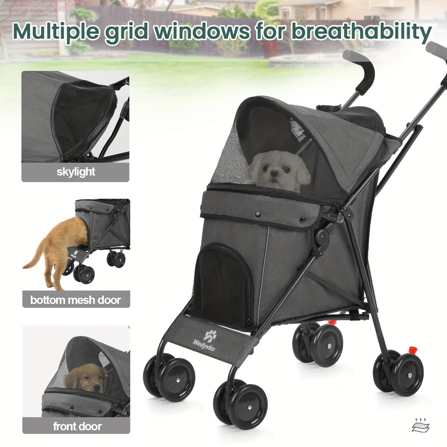 Compact Four-Wheel Pet Stroller with Dual Handles, Mesh Canopy, Lower Basket and Five Color Options