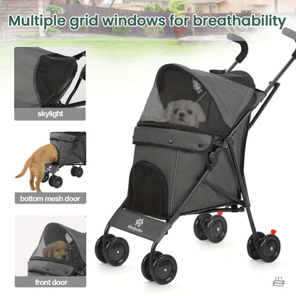 Compact Four-Wheel Pet Stroller with Dual Handles, Mesh Canopy, Lower Basket and Five Color Options
