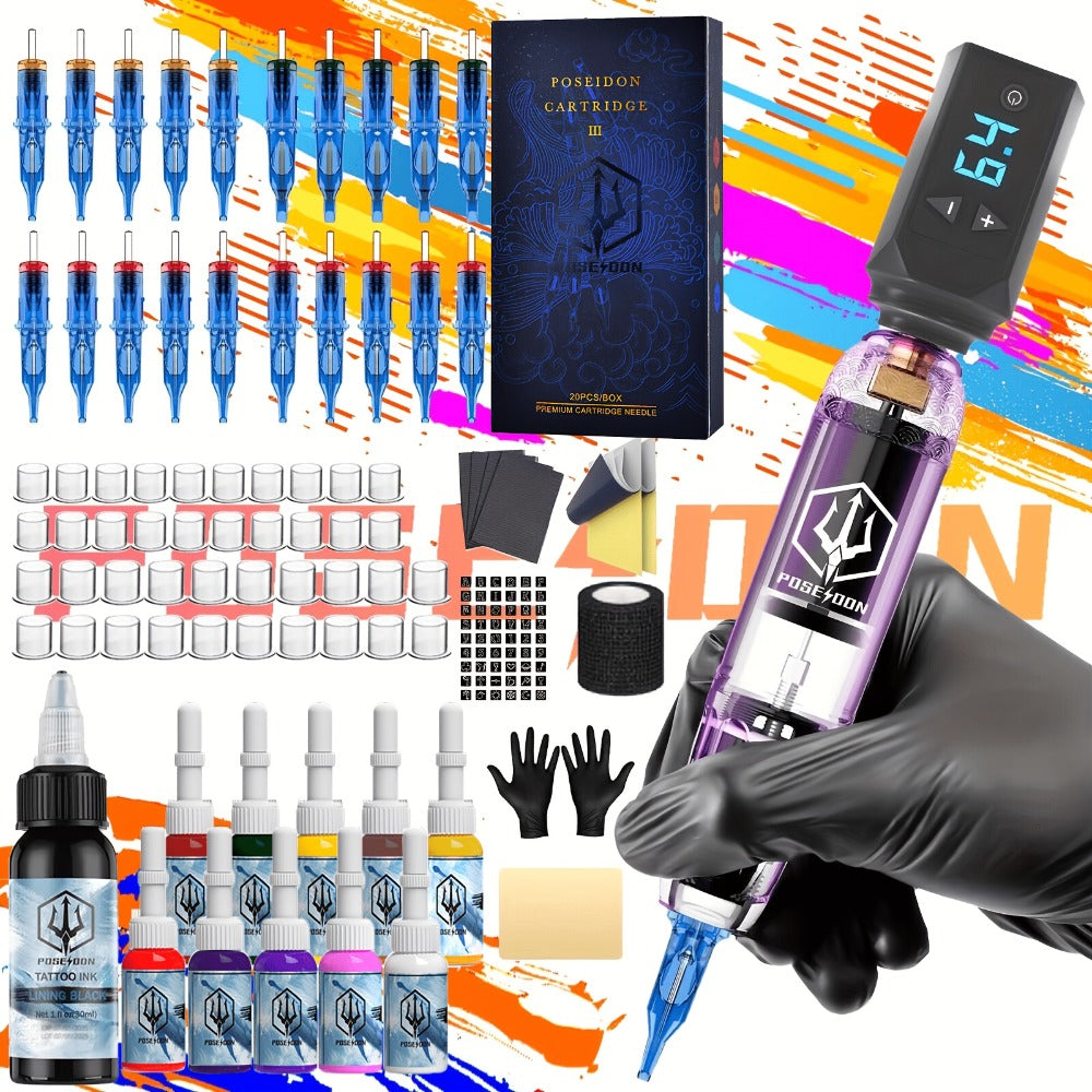 Tattoo Machine Kit POSEIDON SD01 Cordless Pen with 1500mAh Battery, Display, 20 Cartridges and 11 Inks