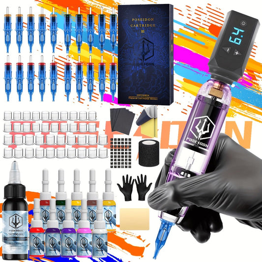 Tattoo Machine Kit POSEIDON SD01 Cordless Pen with 1500mAh Battery, Display, 20 Cartridges and 11 Inks