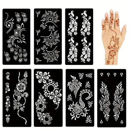 Seven-Piece Floral Tattoo Stencil Set with Paisley and Henna-Style Designs in SM031 or SM032