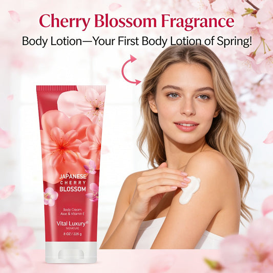 Japanese Cherry Blossom Body Lotion in 8 fl oz Squeeze Tube with Vitamin E and Glycerin Labels