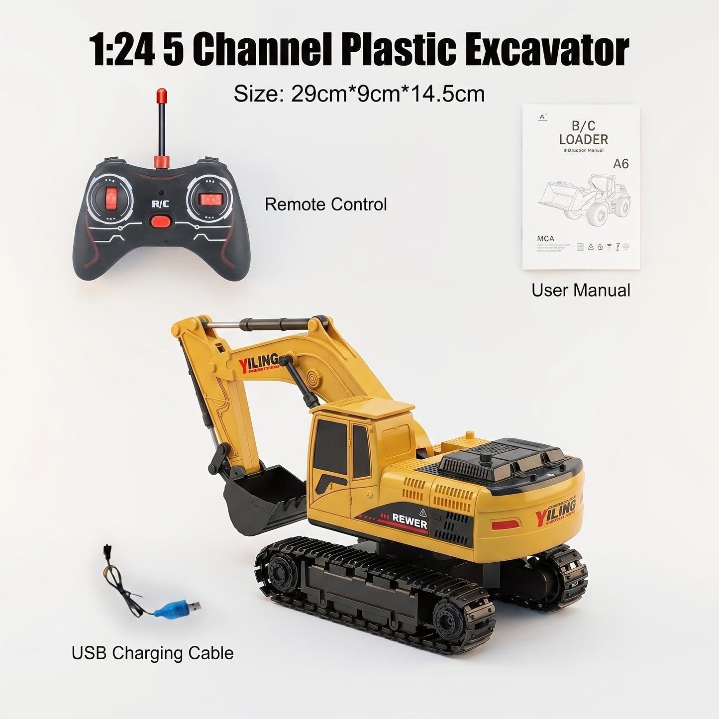 RC Excavator Toy for Kids Track Type 2.4GHz, 1200mAh Rechargeable Remote Control Construction Truck with Metal Shovel & LED Light