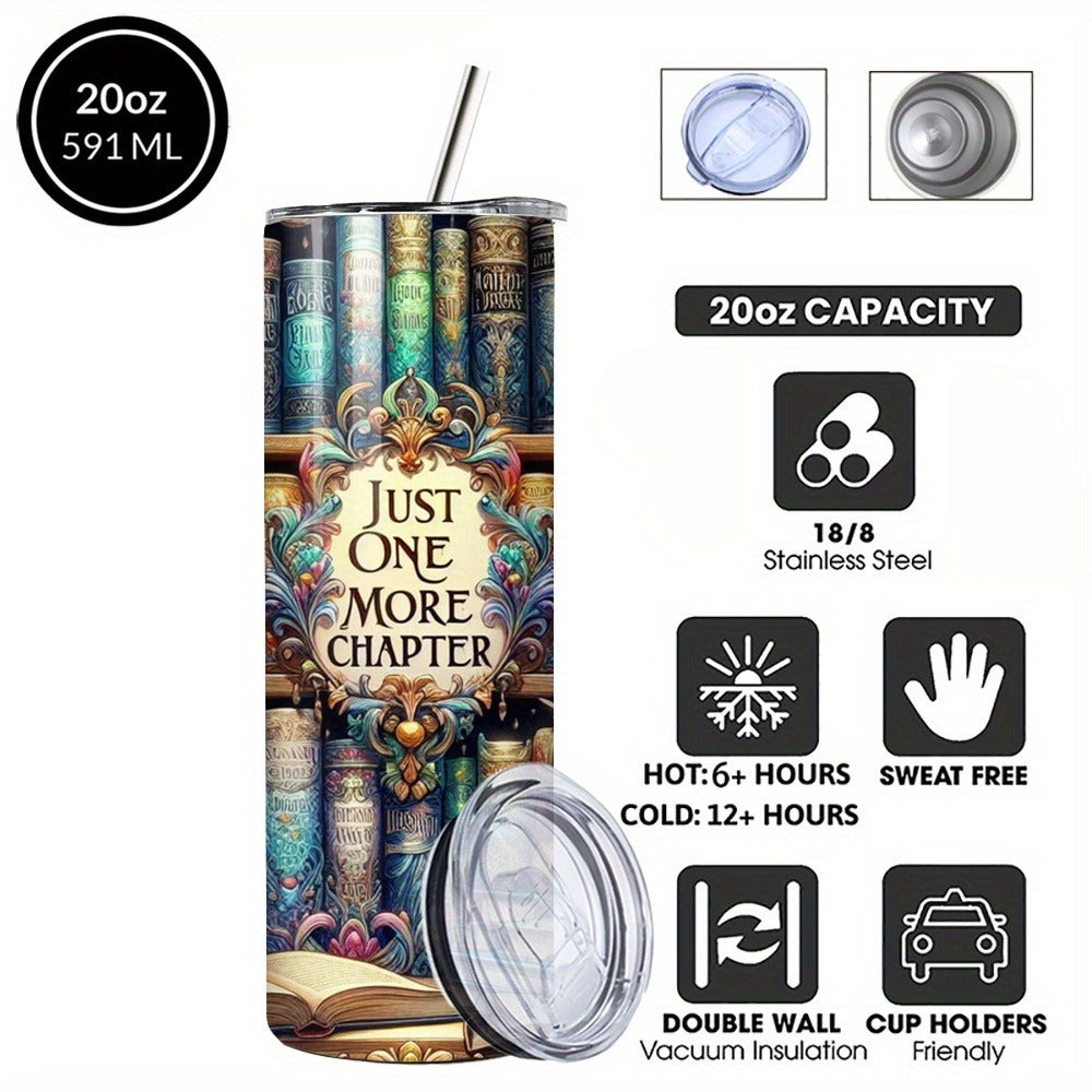 Insulated Tumbler Drinkware Bookshelf Graphic by SAXUMOUT, 20oz Stainless Steel Cup with Lid and Straw