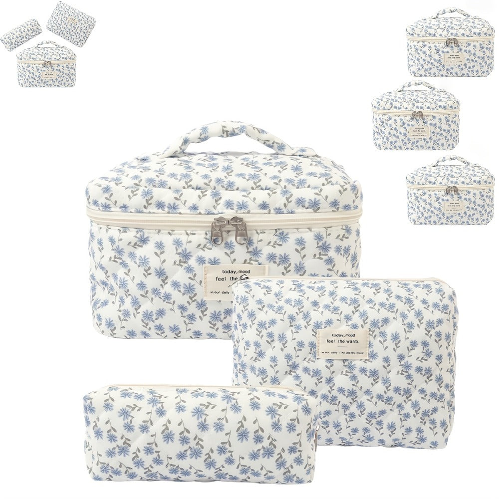 Quilted Makeup Bag Set 3 Pcs Floral Pattern Large Capacity Travel Cosmetic Organizer with Gold Zipper – Polyester Skincare Toiletry Pouch