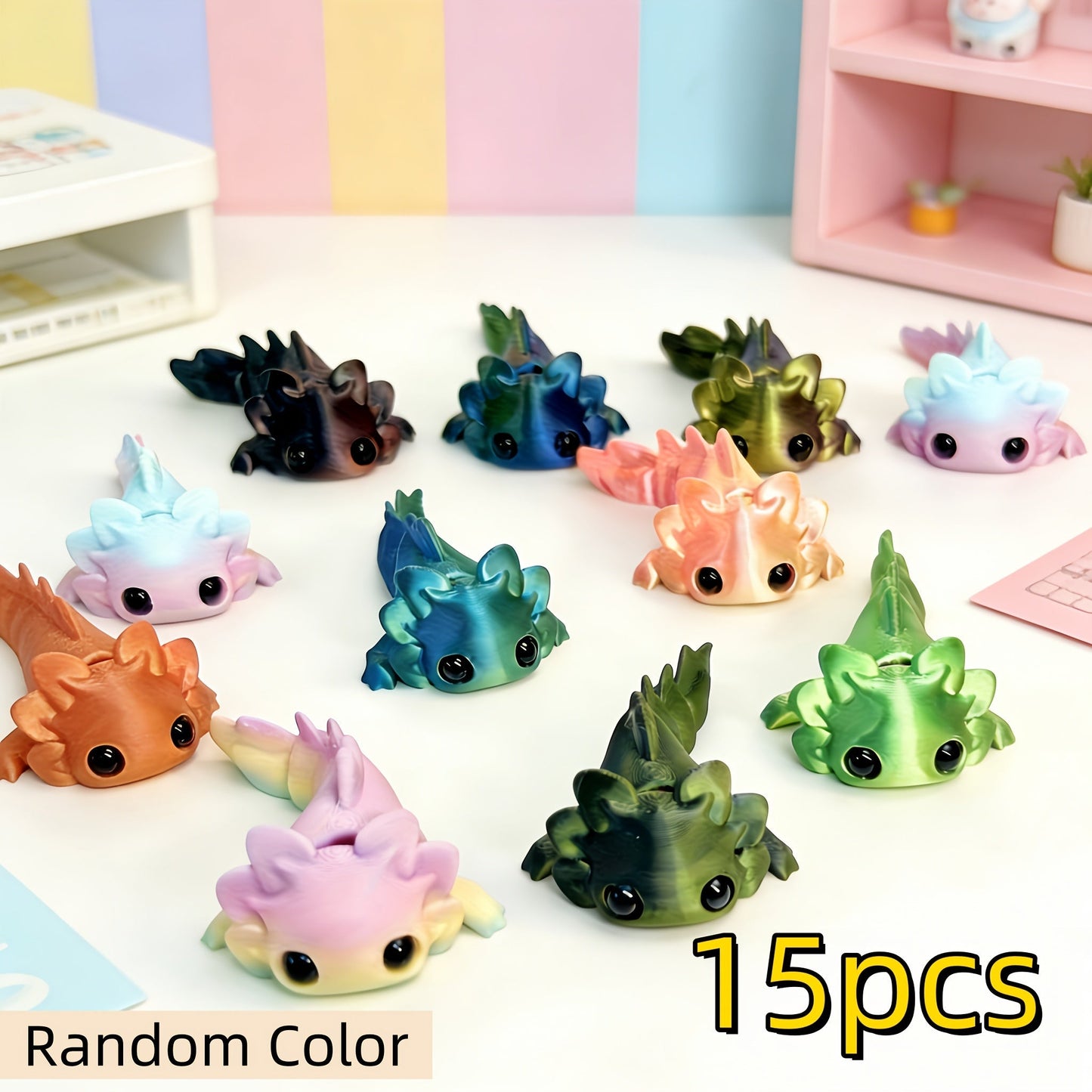 3D Printed Axolotl Figures Set 15pcs – Cute Mini Axolotl Toys for Desktop Decoration, DIY Miniature Landscape