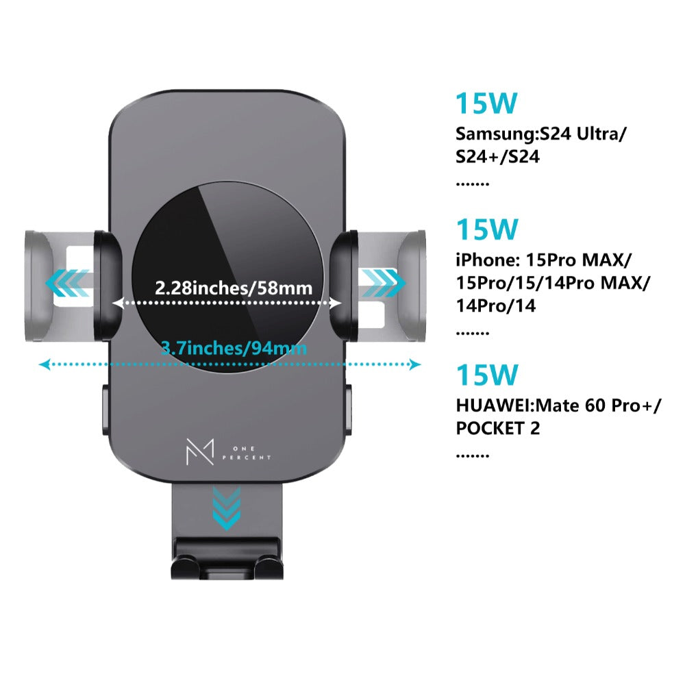 15W Auto-Clamping Wireless Car Phone Mount with Dashboard Suction Base and Blue or Gold Finish