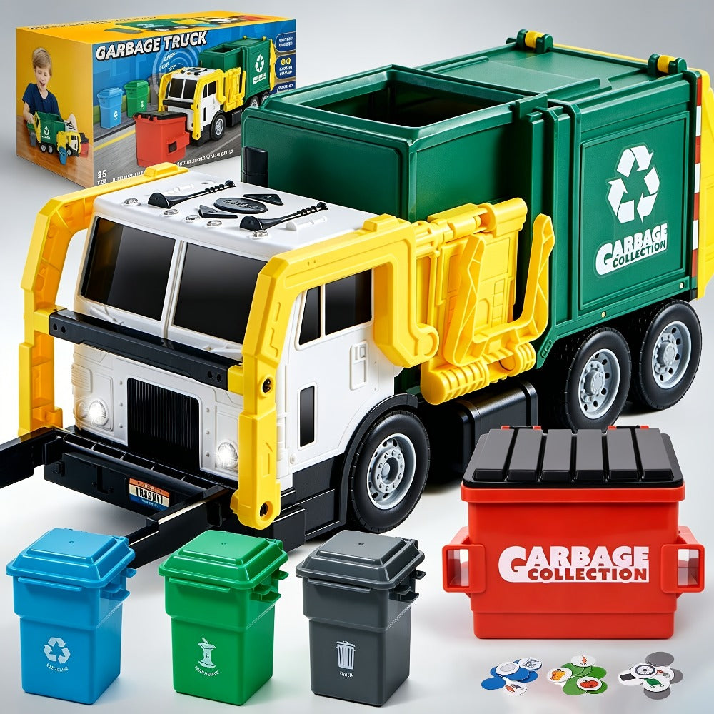 Garbage Truck Toy Set 16-Inch Large Friction-Powered with Lights & Sounds, Color-Coded Trash Bins