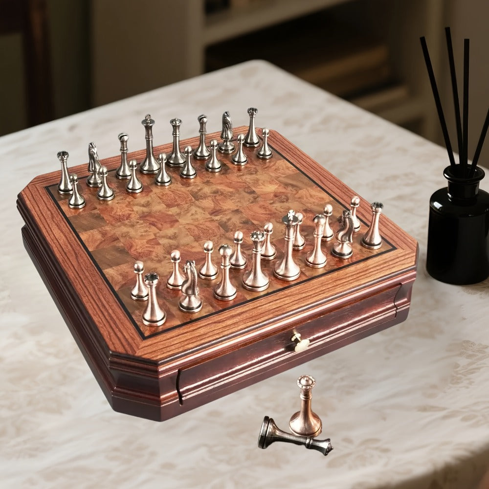 Wooden Chess Set with Metal Pieces & Storage Drawers 12 Inch – 2.5" Kings 2 Extra Queens Vintage Mahogany Board for Adults Beginners