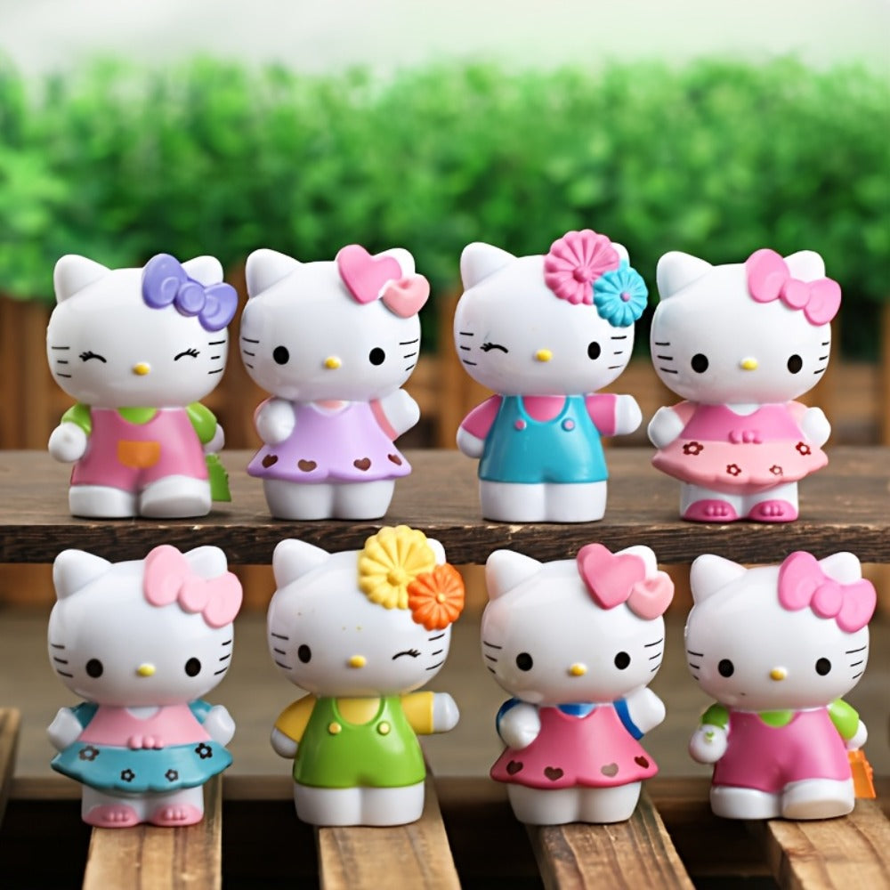 KT Cat Mini Figurine Set 8pcs, Cute Anime Desktop Ornaments Collectible Dolls for Entryways, Bedrooms and Living Spaces