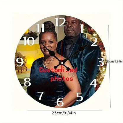 Personalized Custom Photo Wall Clock - Round Wood Silent Clock with Custom Text & Family Name, Self-Assembly