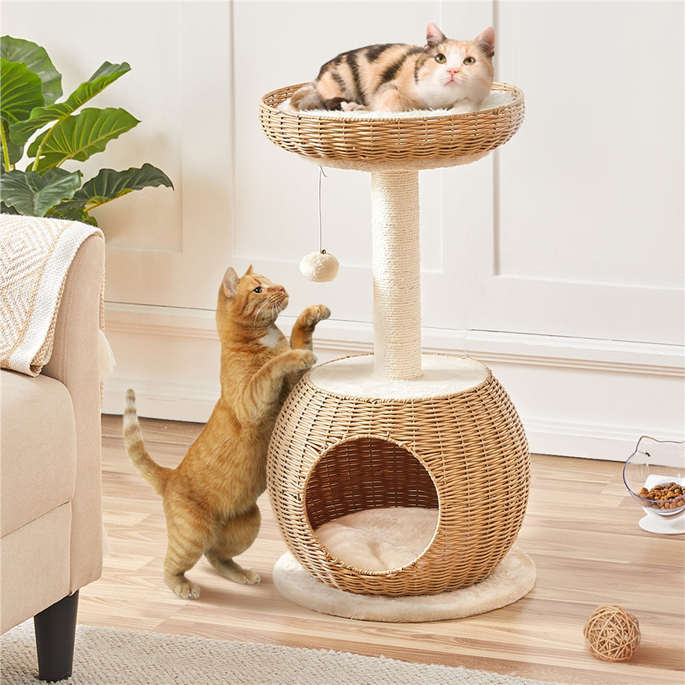 Cat Tree 29.5 Inch Rattan Cat House with Natural Sisal Scratching Post – Woven Cat Condo, Soft Cushion Perch, Hanging Bell Toy