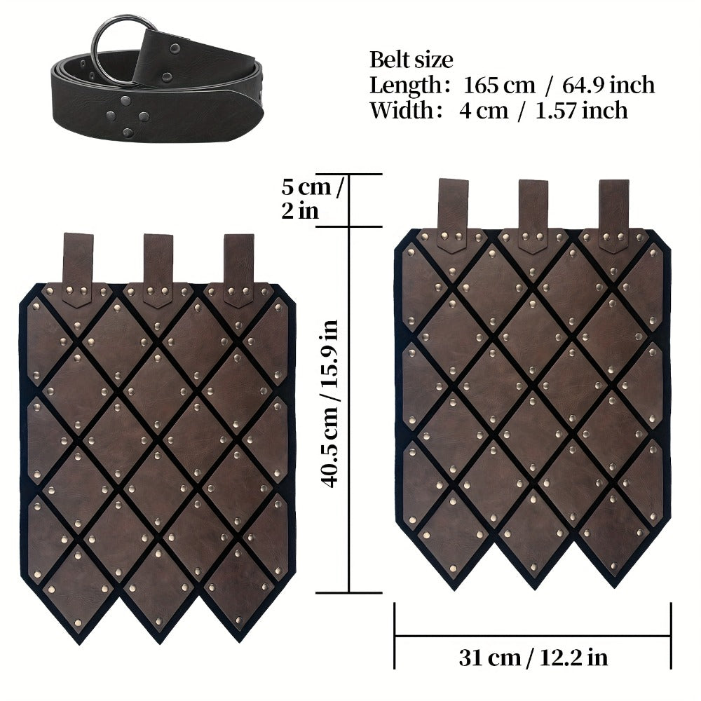 Medieval Armor Skirt Faux Leather with Geometric Plates & Metal Studs, Viking BC Style Retro Cosplay Costume for Halloween