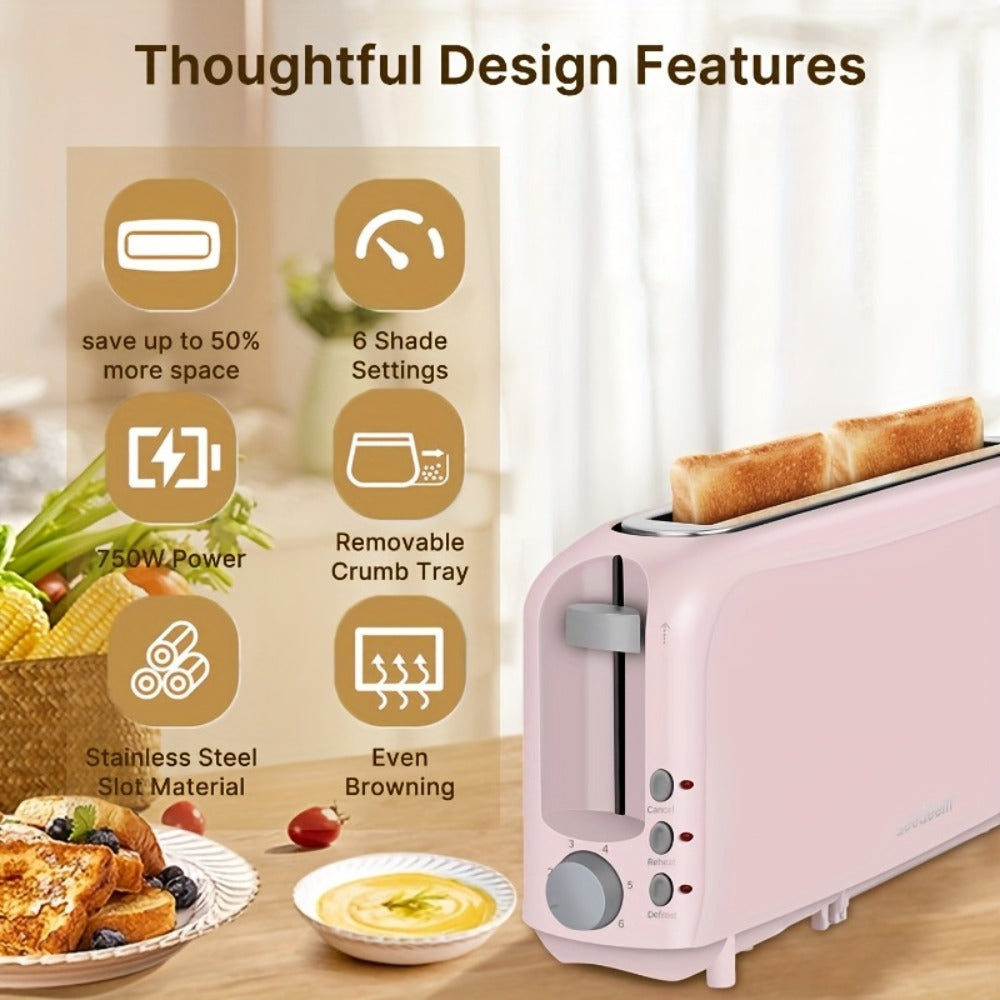 2-Slice Toaster Slim Ultra-Thin Design, 6 Browning Settings, 10" Long Slot, Reheat & Defrost Functions