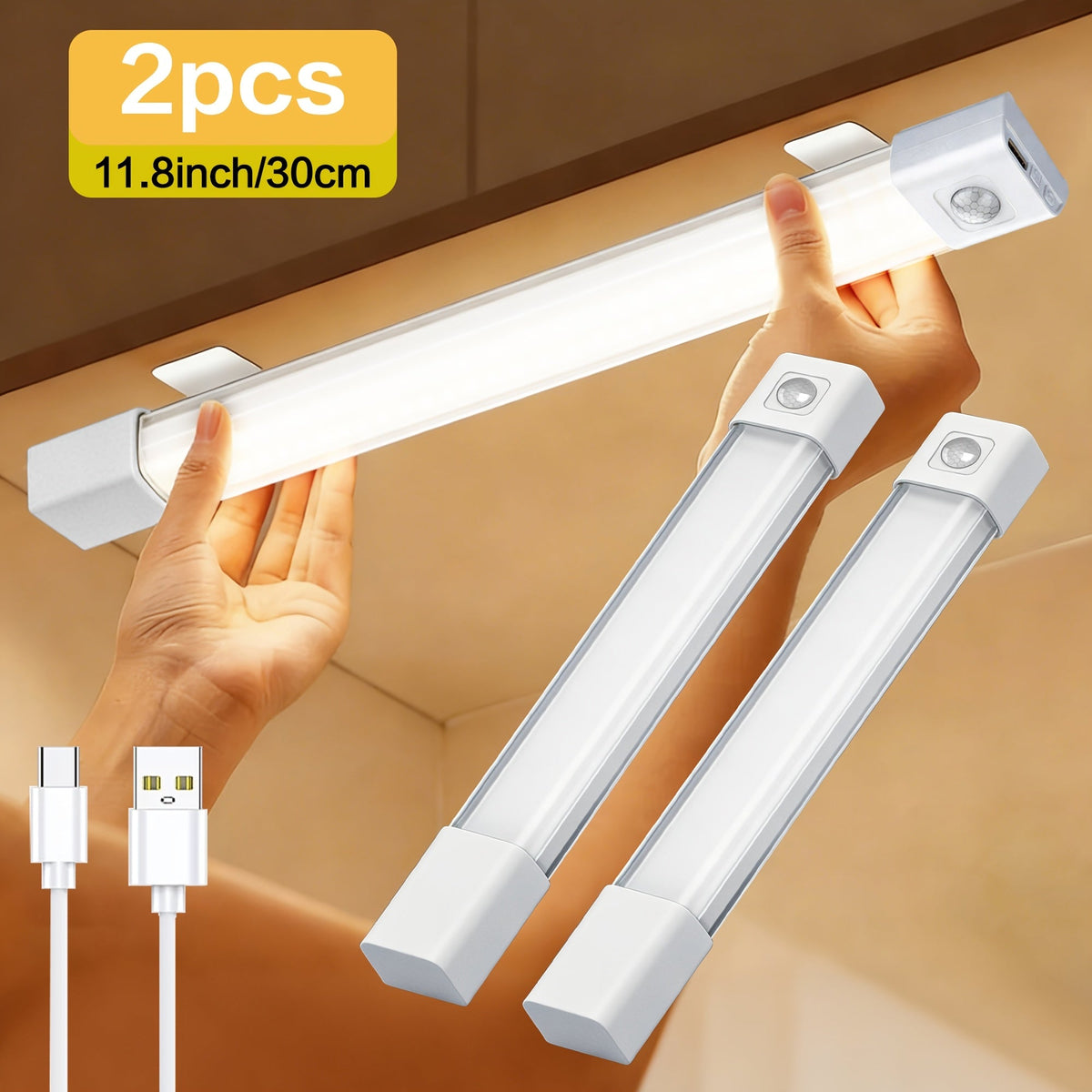 Motion Sensor LED Cabinet Light 4 Pack USB Powered – 3 Color Modes, Wireless Under Cabinet Lighting Bar
