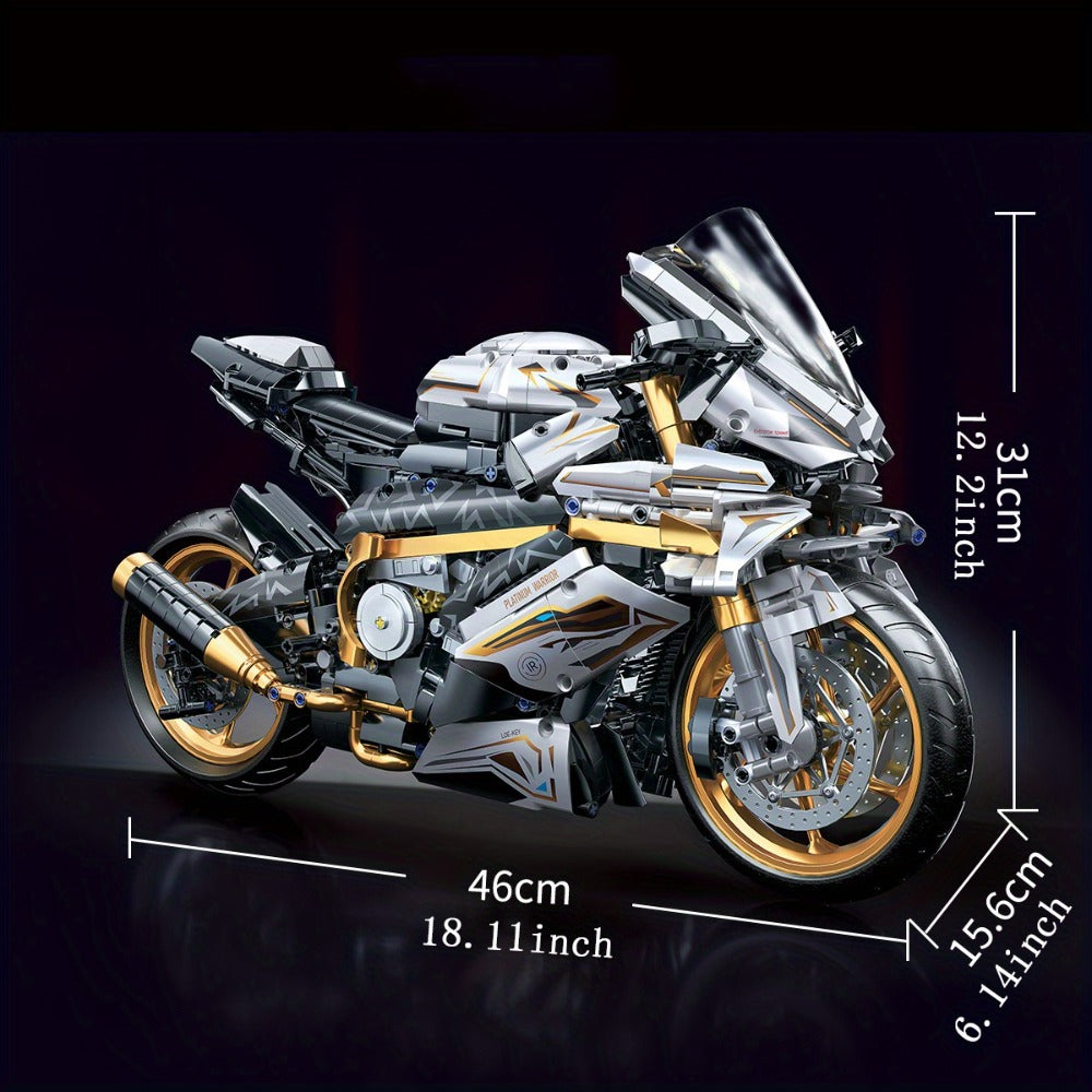 Motorcycle Building Blocks Model Kit 1:5 Scale 2000+ Pieces, Platinum Gold & White Collectible Brick Motorbike Display Set