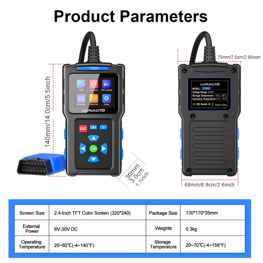 T200 or T300 OBD2 Scanner with Color Screen, I/M Readiness Menu and T300 Battery Check Option
