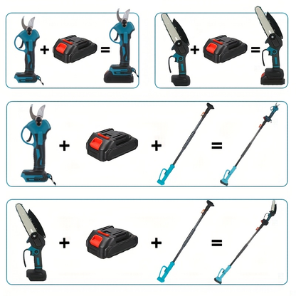 Pole Saw Set with Electric Chainsaw, 6-Inch Cordless Pruner, Long-Handle Scissor Kit, Safety Lock for Tree Pruning & Landscaping