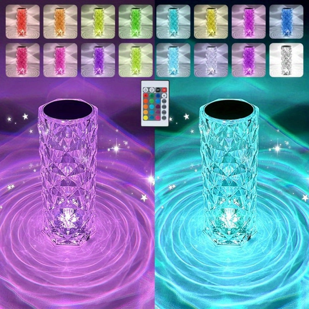 Crystal Diamond Rose Table Lamp RGB LED, Remote & Touch Control Dimmable USB Rechargeable Uplight for Home