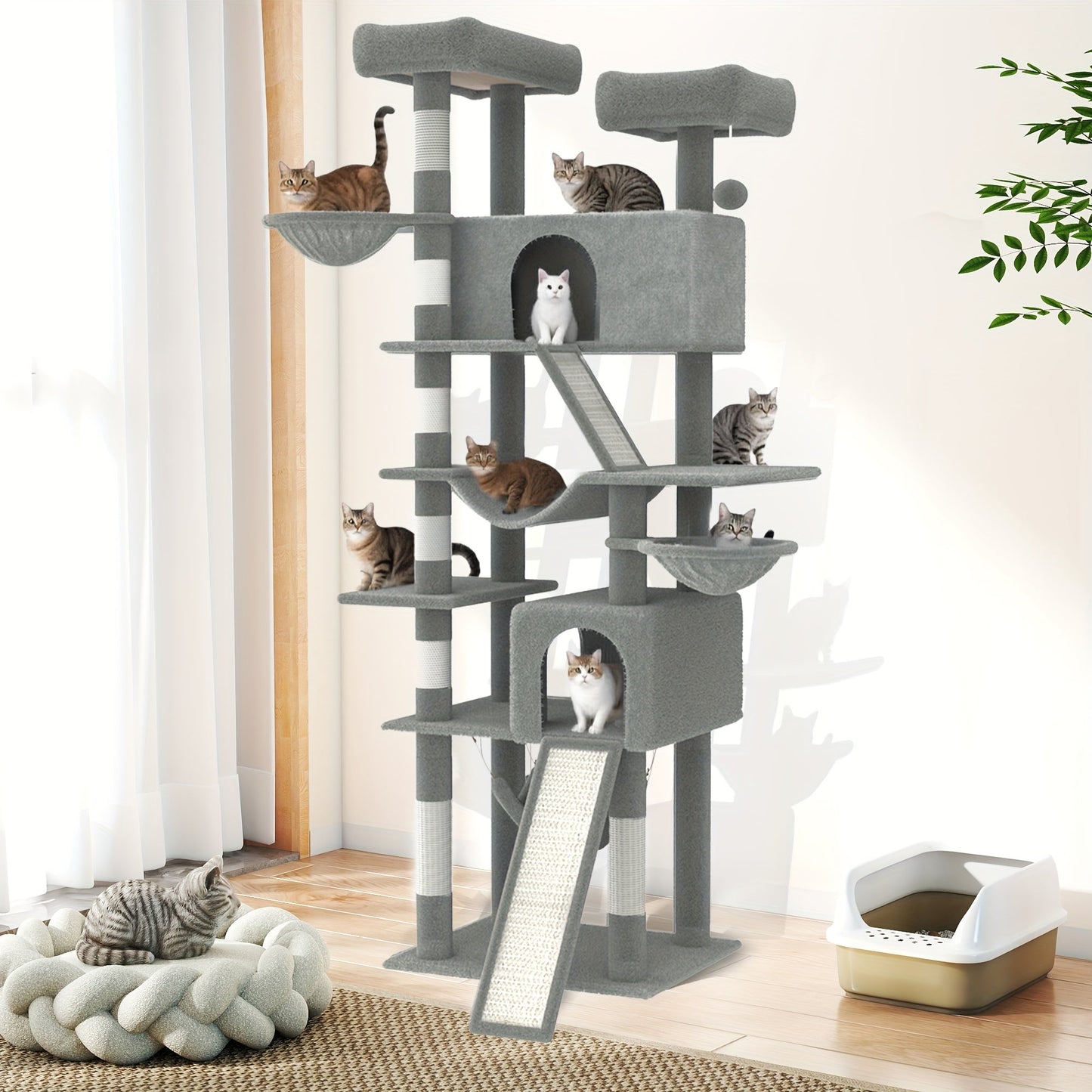 Large Multi-Level Cat Tower with Two Condos, Three Perches, Hammocks and Six Gray, Beige or Taupe Configurations