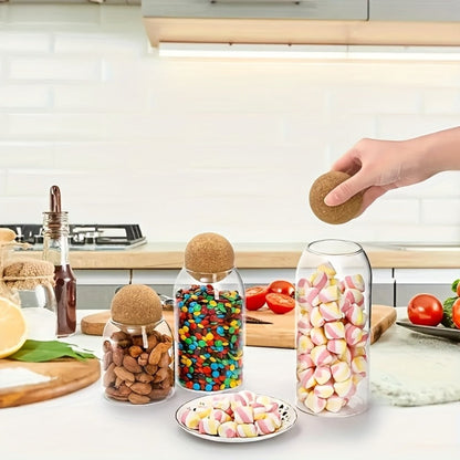 Glass Storage Jars with Cork Lid Set of 3 | 17oz 500ml Airtight Glass Containers with Spherical Cork Stopper | Kitchen Organizer for Tea