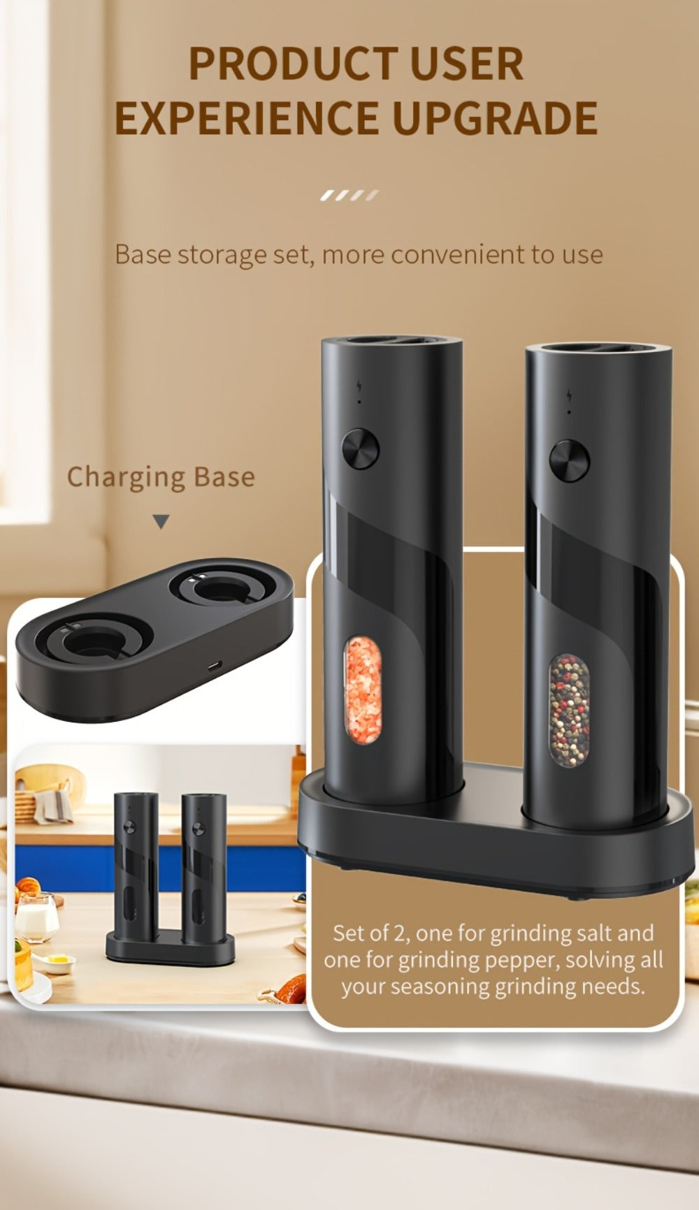 Electric Salt and Pepper Grinder Set with LED Light & Gravity Sensor, USB Rechargeable, Top-Fill