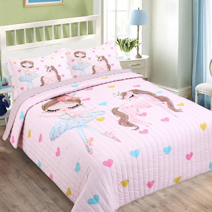 Pink Pony and Princess Print Three-Piece Bedspread Set with 67 x 90-Inch Cover and Two 20 x 28-Inch Shams