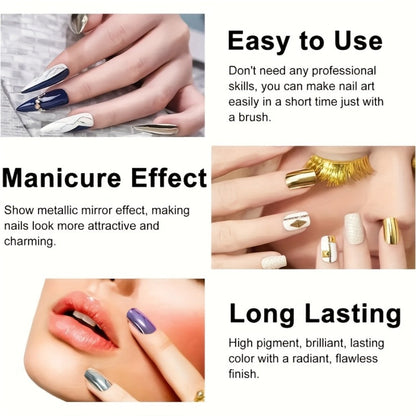 Chrome Nail Polish Set 12 Colors Mirror 3D Metallic Effect with Built-in Fine Brush – Long-Lasting Metal Paint for Salon & DIY Nail Art