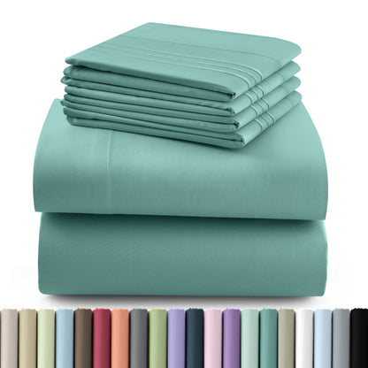 Fitted Sheet Set 6-Piece Brushed Polyester Deep Pocket Bed Sheets 20 Colors Hotel Luxury Bedding with Embroidered Pillowcases
