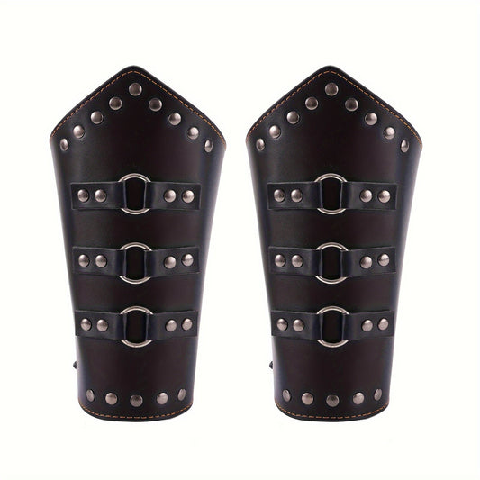 Medieval Arm Bracers 2pcs PU Leather Gauntlet Wristbands for Men, Renaissance Knight Warrior Viking Cosplay Costume Prop for Halloween LARP
