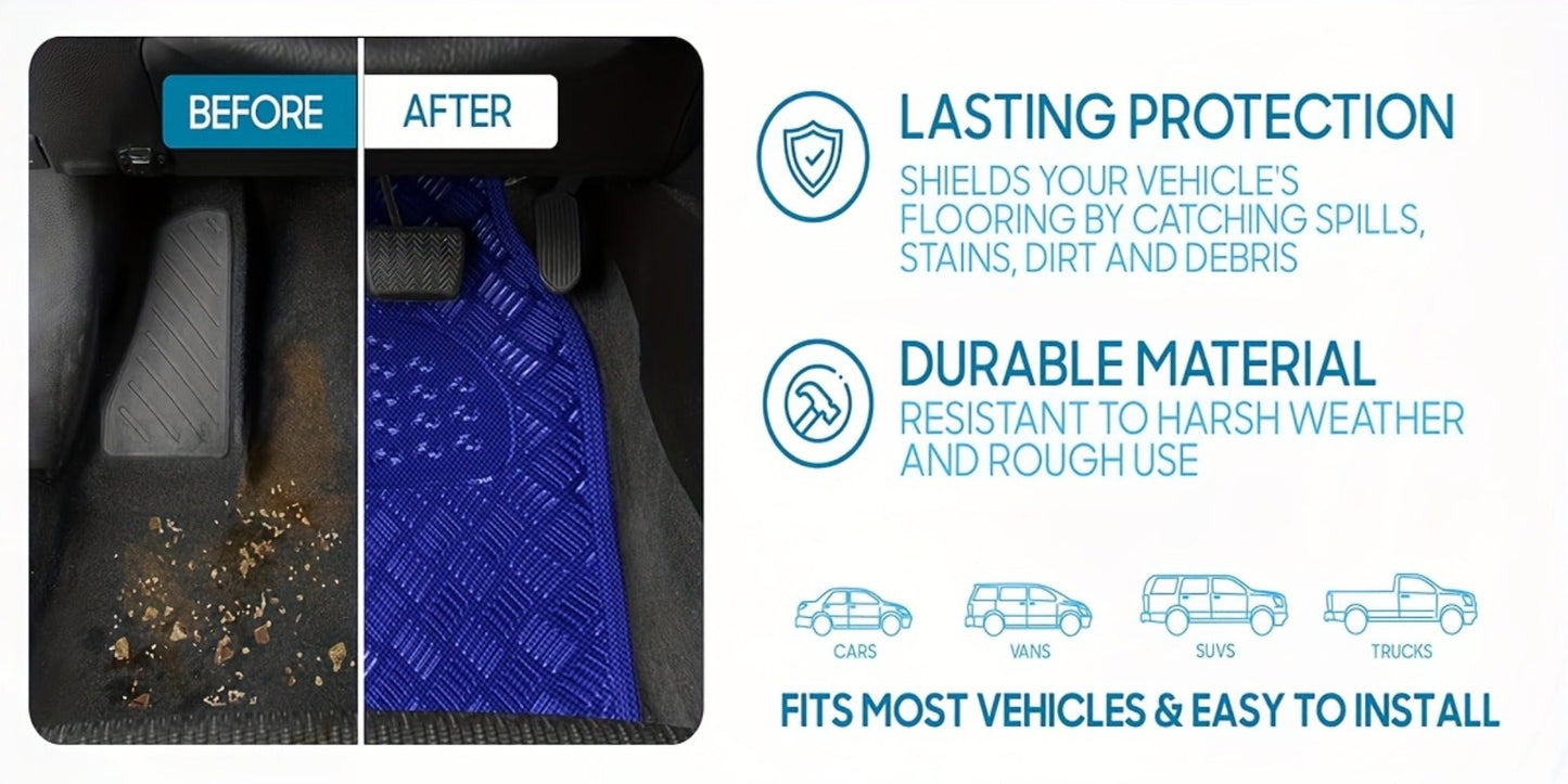 Molded Car Floor Mats, Four-Piece Front and Rear Set with Trim Lines in Six Color Options for Vehicle Footwells