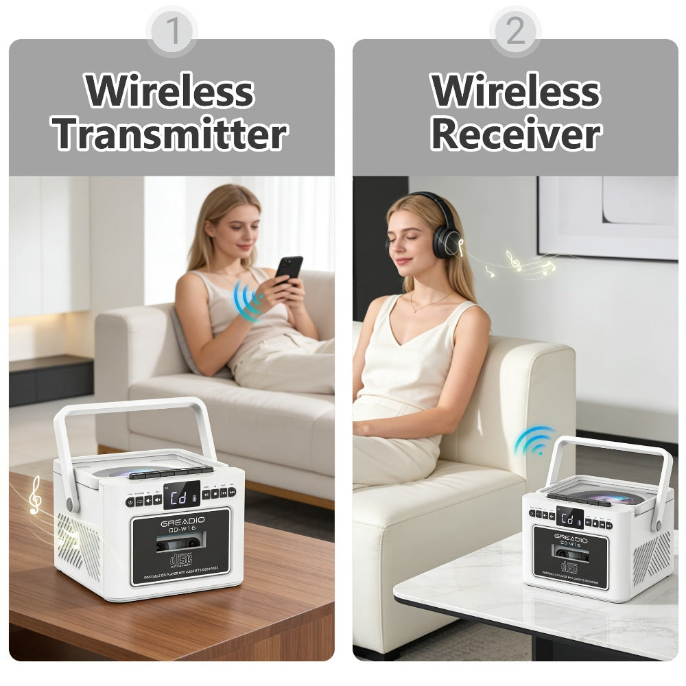 Boombox CD Cassette Player Rechargeable 5000mAh Battery 5W Dual Stereo Speakers FM Radio Tape Recording AUX SD USB 3.5mm Jack Portable Home