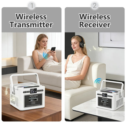 Boombox CD Cassette Player Rechargeable 5000mAh Battery 5W Dual Stereo Speakers FM Radio Tape Recording AUX SD USB 3.5mm Jack Portable Home