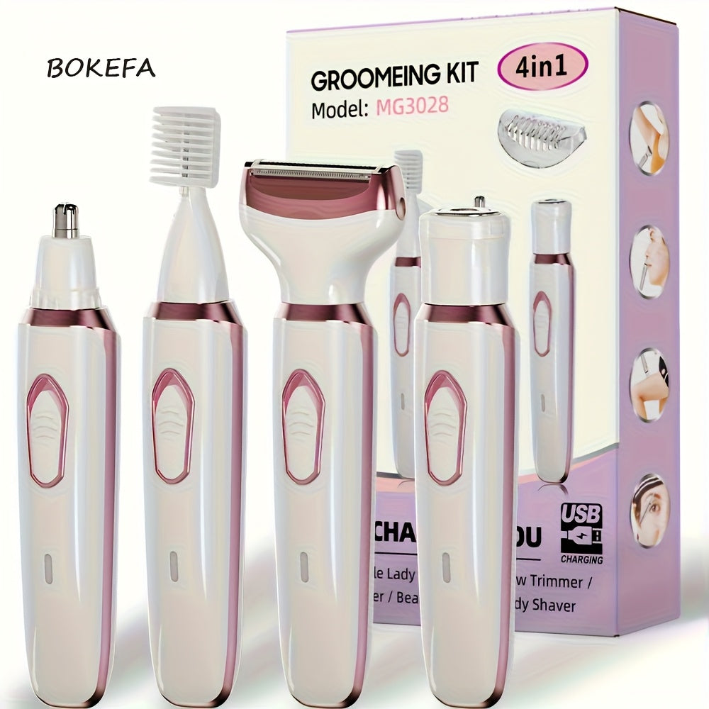 Women's Electric Razor 4-in-1 Grooming Kit Wet Dry Rechargeable Trimmer for Face Nose Legs for Everyday Face, Beard and Body Grooming