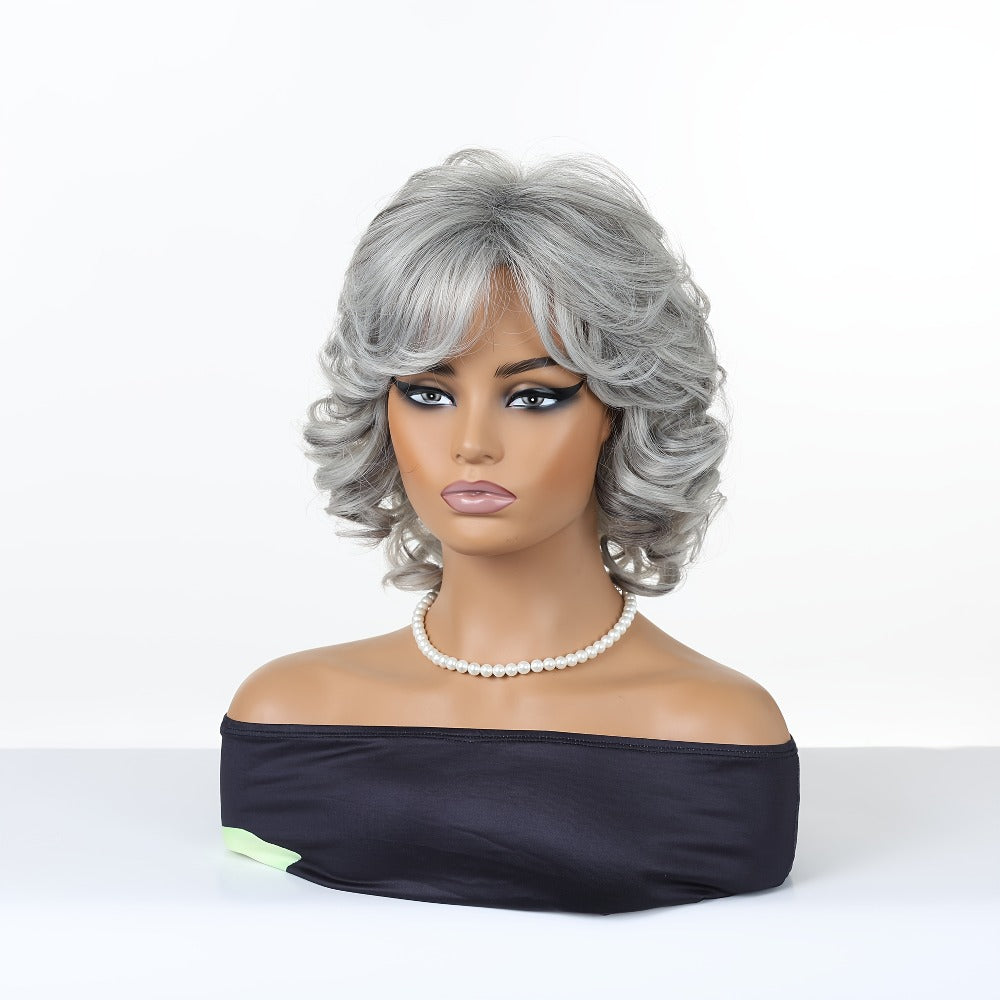 Synthetic Wig 12-Inch Silver Grey Short Curls with Bangs and Adjustable Rose Net Cap for Cosplay Looks